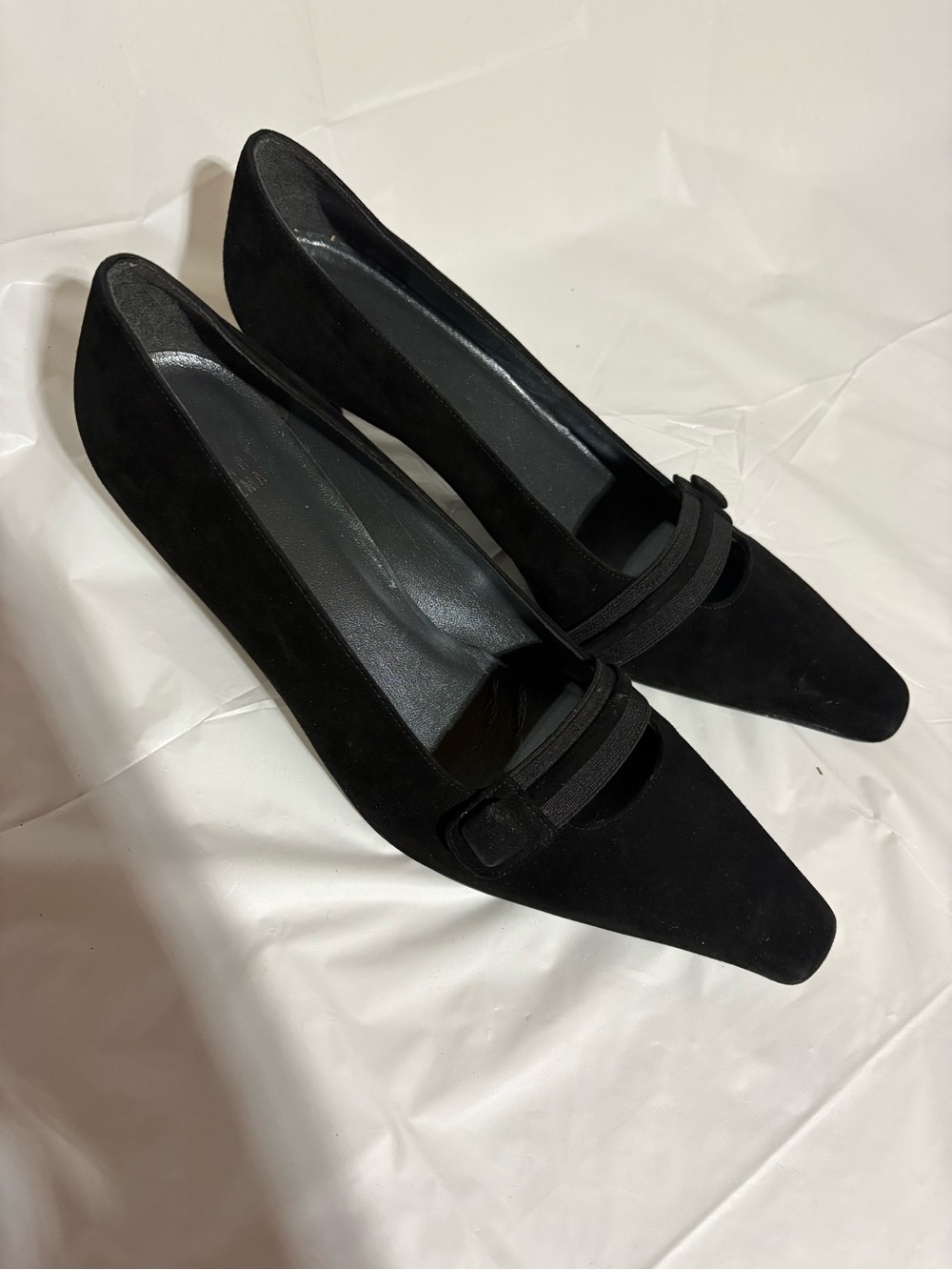 Stuart Weitzman Black Suede Pointed Toe Strap Pumps